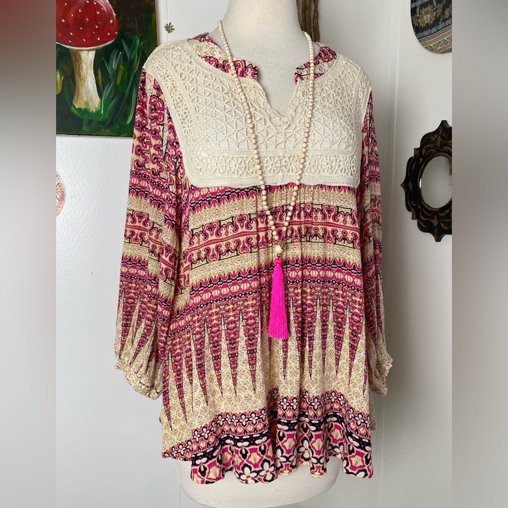 Moon and Sky boho long sleeve v neck crochet lace bib cream print pink top S